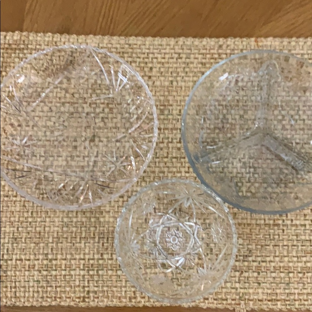 Two small lead crystal serving plates and a bowl